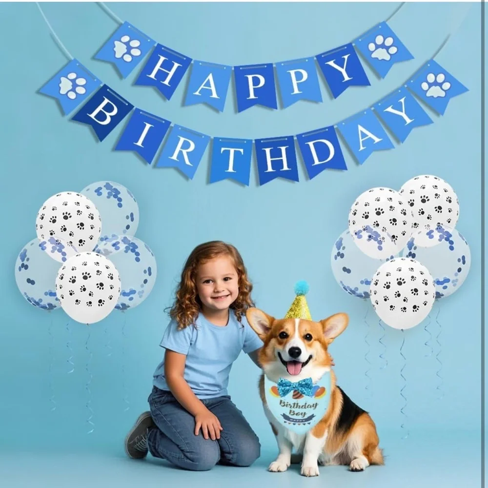 Dog Blue Bandana Set with Hat, Scarf, Banner, Balloons and Bowtie
